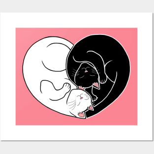 Yin and Yang Black and White Cat Heart Posters and Art